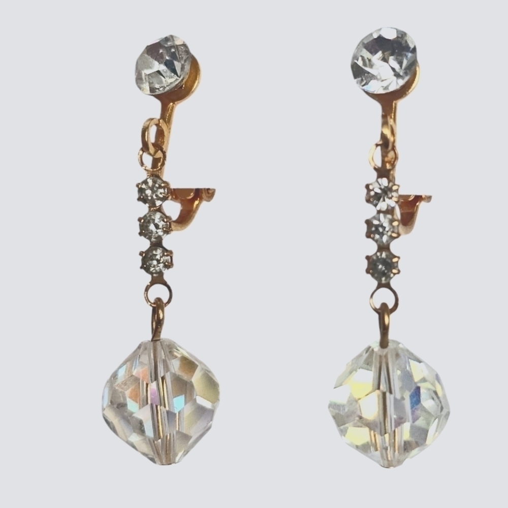 Mid-Century Vintage Aurora Borealis Gold Tone Long Crystal Ball Earrings